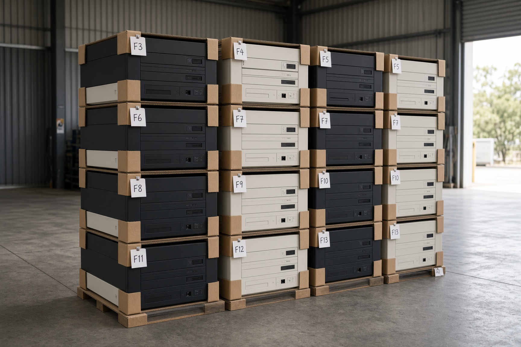 Concept visualisation of labelled recovered desktops stacked in a clean warehouse bay — not a completed project.
