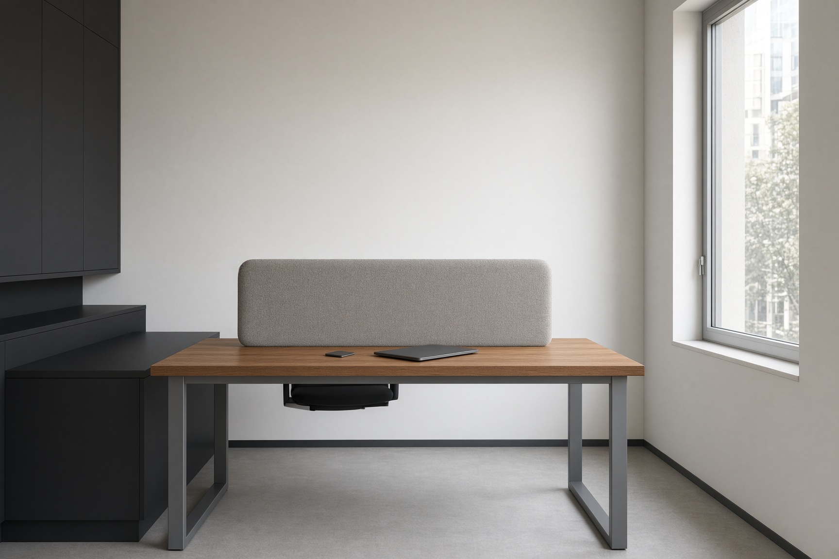Concept visualisation of a small Perth office with a recovered timber-look desktop — not a completed project.