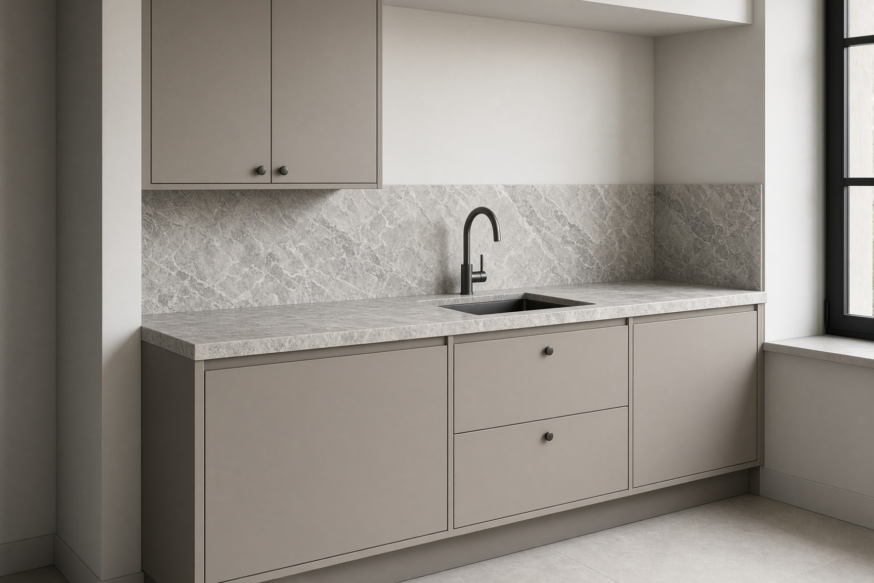 Concept visualisation of a commercial tea bay with specified wet-area overlay on recovered joinery — not a completed project.